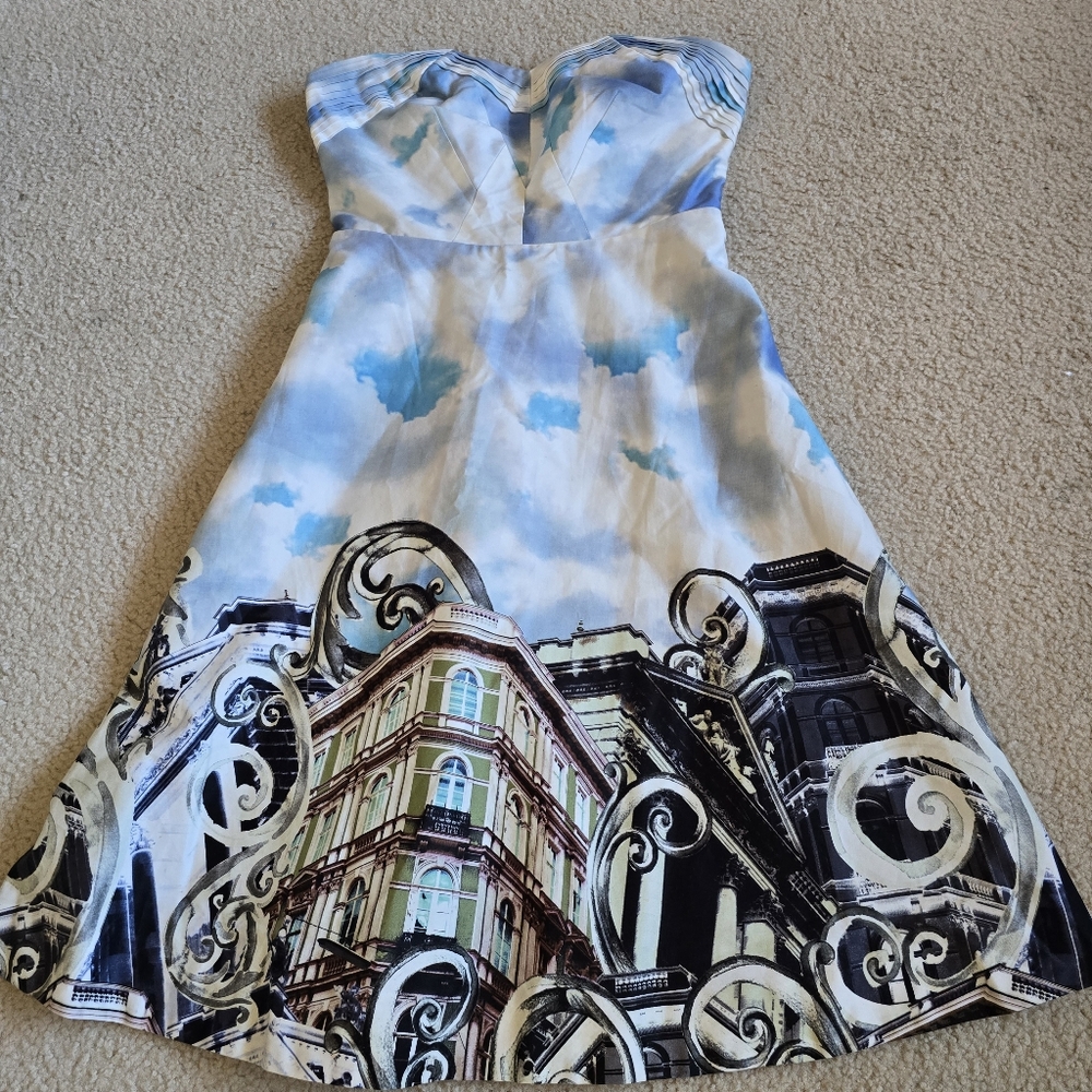 Moulinette Soeurs Strapless Cityscape Print Dress in Blue, White, Black